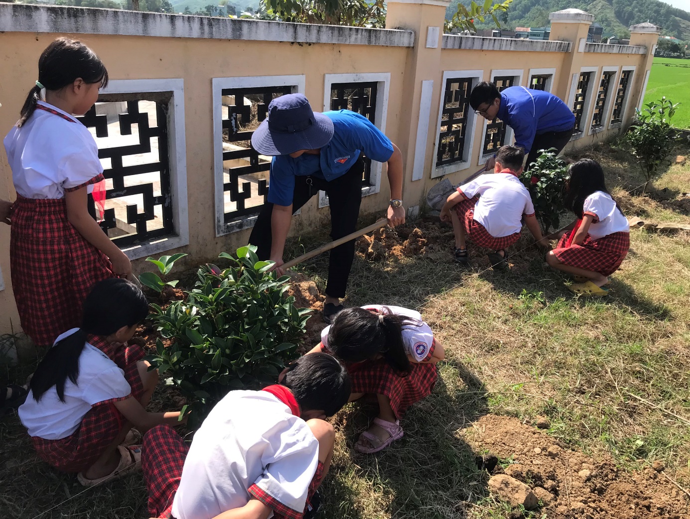 A group of people planting a plant Description automatically generated